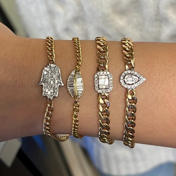 0.35Cttw Baguette Cut Diamond Leaf Cuban Link Bracelet 14K Yellow Gold 6 Inches - Picture 6 of 6